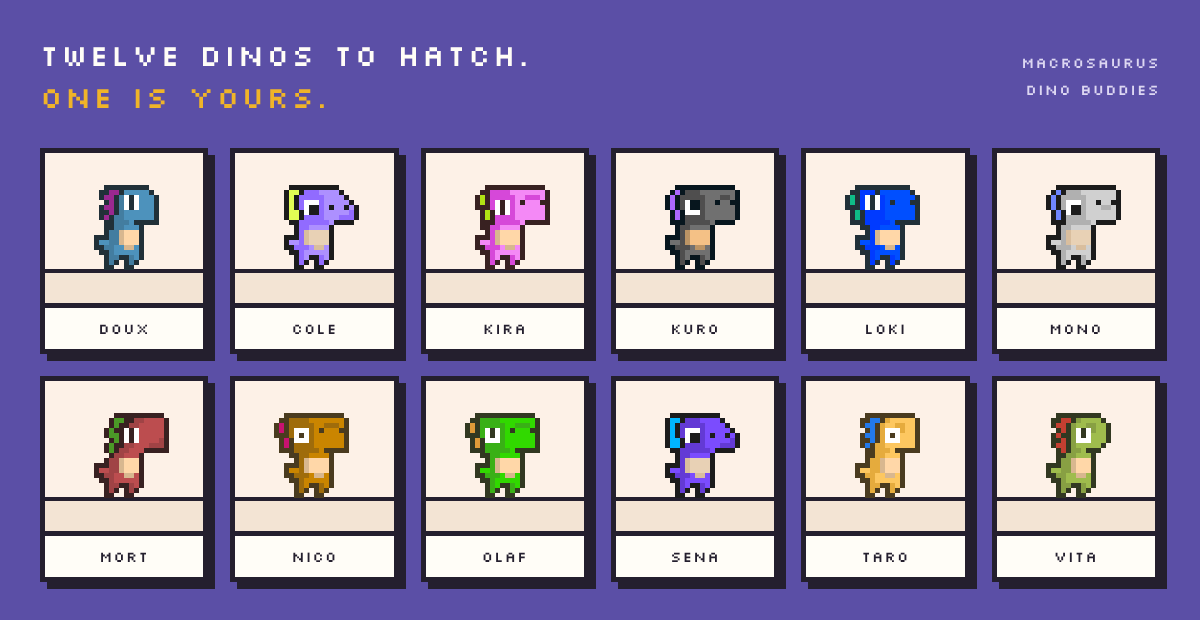 The twelve Macrosaurus dino buddy species in pixel art: Doux, Cole, Kira, Kuro, Loki, Mono, Mort, Nico, Olaf, Sena, Taro and Vita.